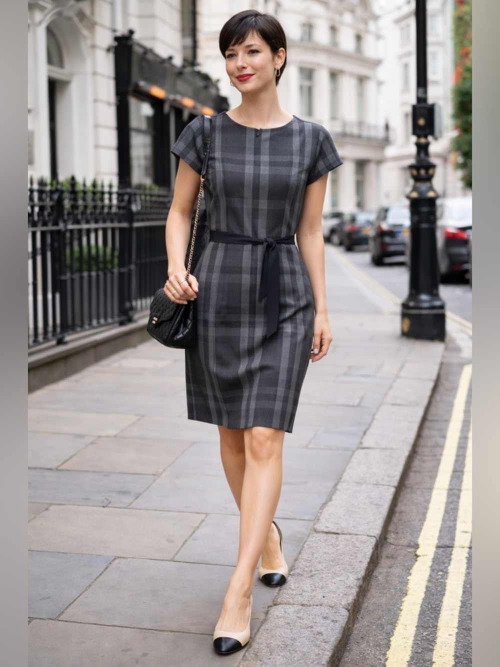Burberry Brit Gray Plaid Belted Sheath Dress Sz 8 Pockets Nova Check SS Classic